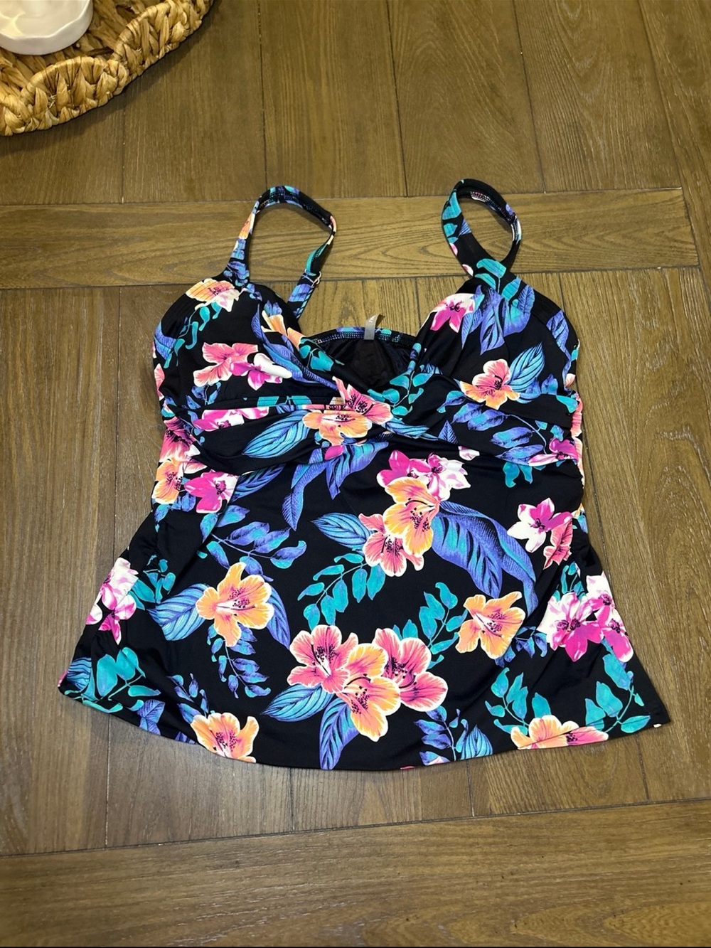 Lands' End Black Floral Tankini Top with Pink, Yellow & Teal Flowers